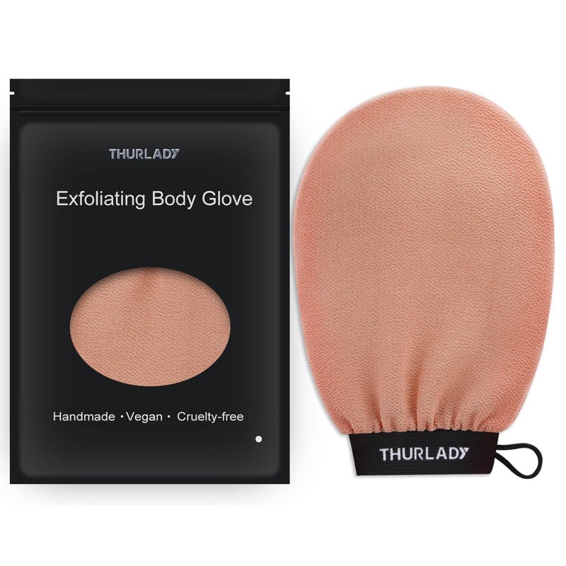THURLADY Exfoliating Glove, Korean Exfoliating Mitt, Viscose Fiber Shower Mitt, Dead Skin Remover for Smooth Skin, Self-Tan Prep and Removal, Peach - Image 1